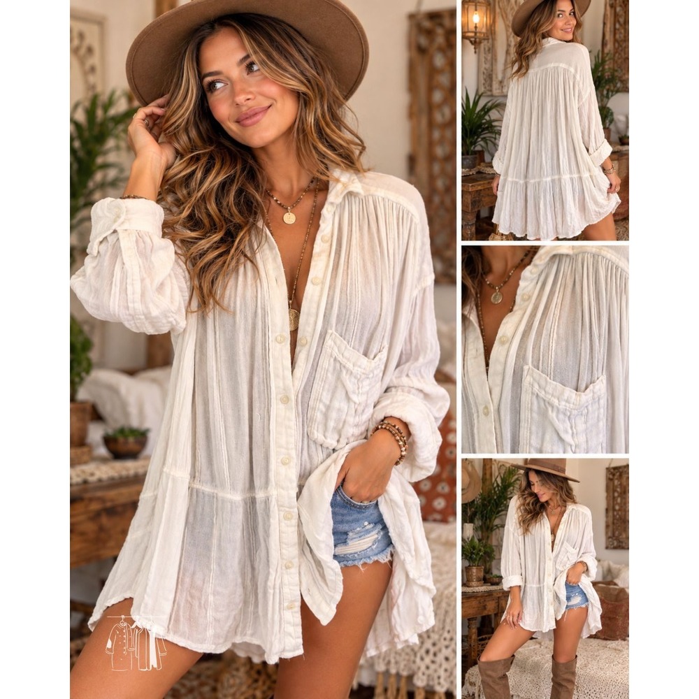 Free People Tunic Blouse Womens M White EUC Boho Gauze Oversized Button Down